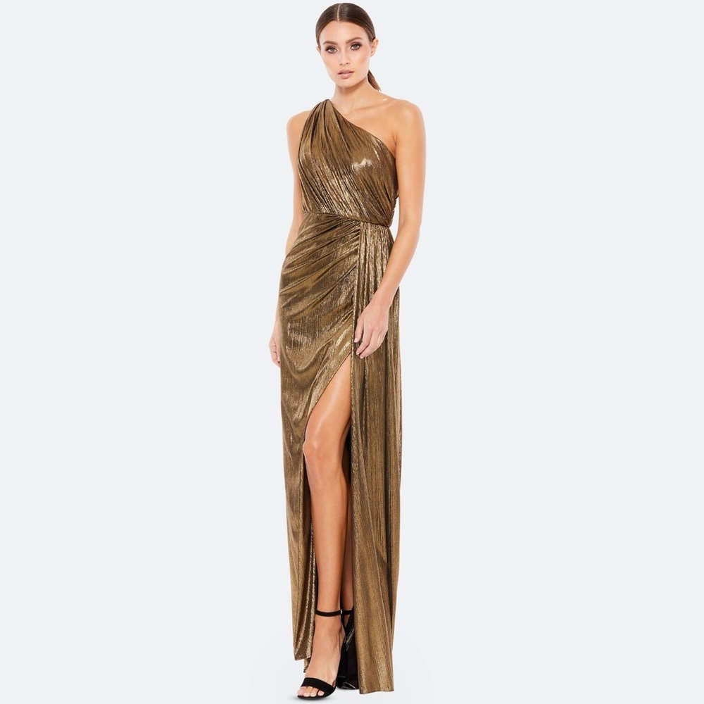 Mac Duggal Draped Metallic One-Shoulder Column Gown